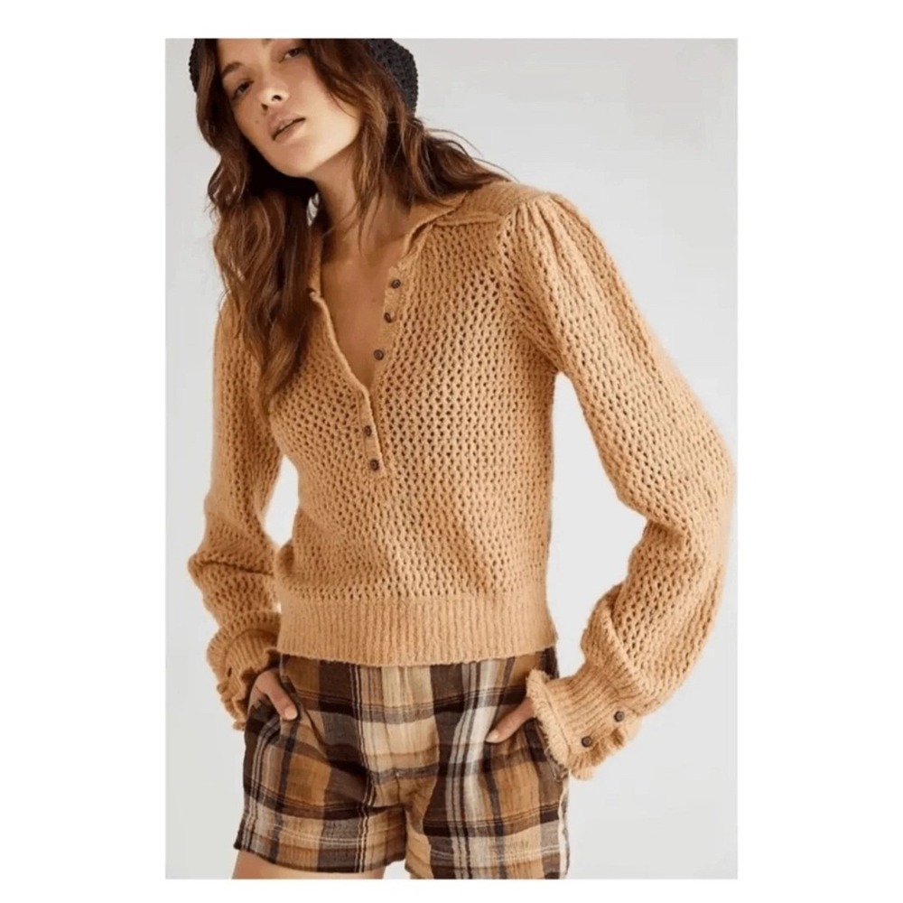 We The Free People Tan Open Knit Button Front Cardigan Sweater Size S Cottage